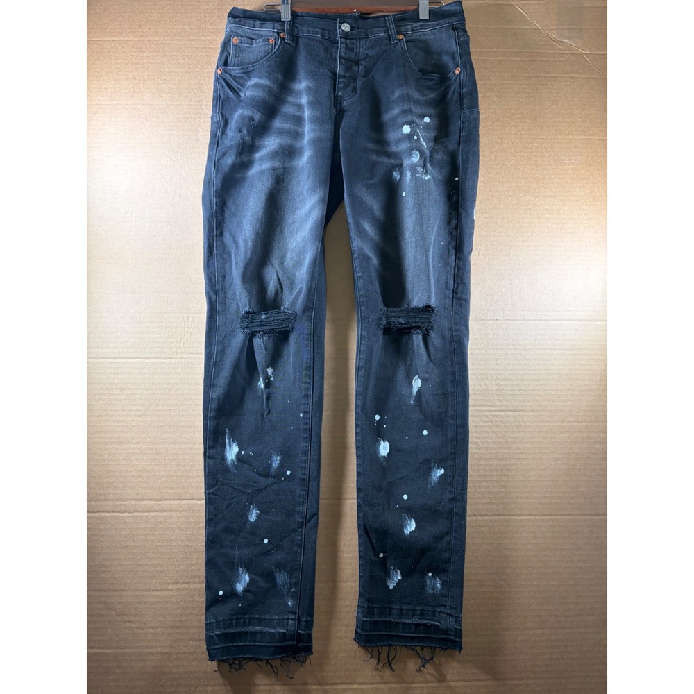 Purple Brand Jeans Mens 34 Black Paint Splatter Distressed Slim Fit Denim 202302